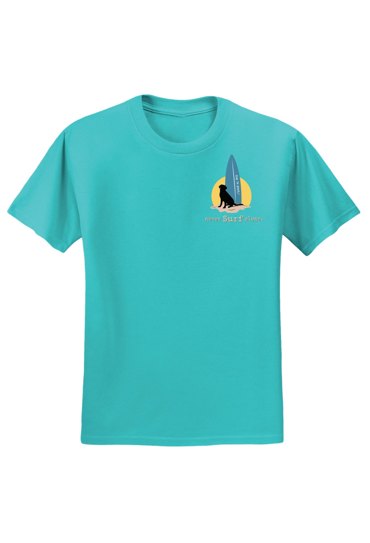 teal Tshirt with dog and surfboard front