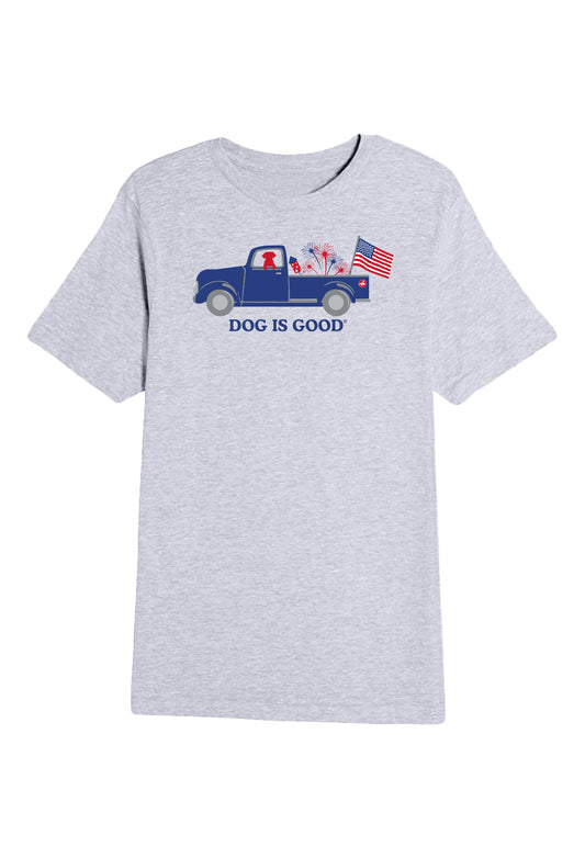 T-shirt: Dog is Good Patriotic Truck (Unisex, Grey)
