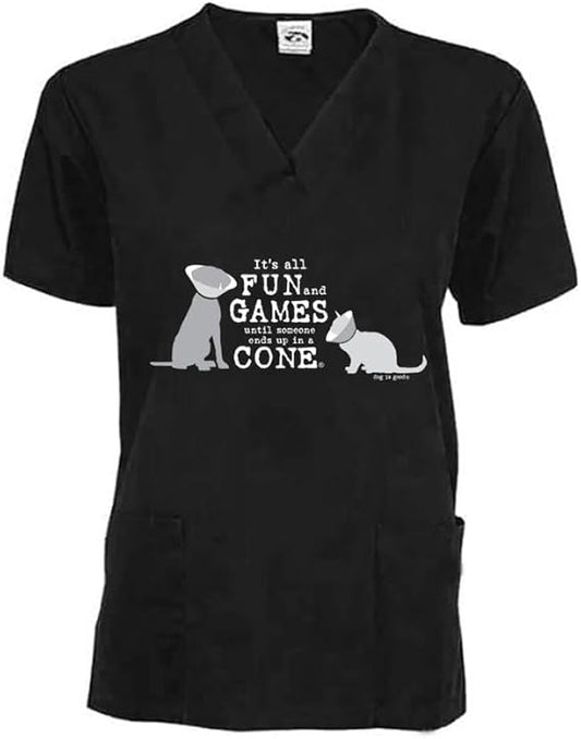 Scrub Top: It’s All Fun and Games Until Someone Ends Up in a Cone®, Cat/Dog (Black)