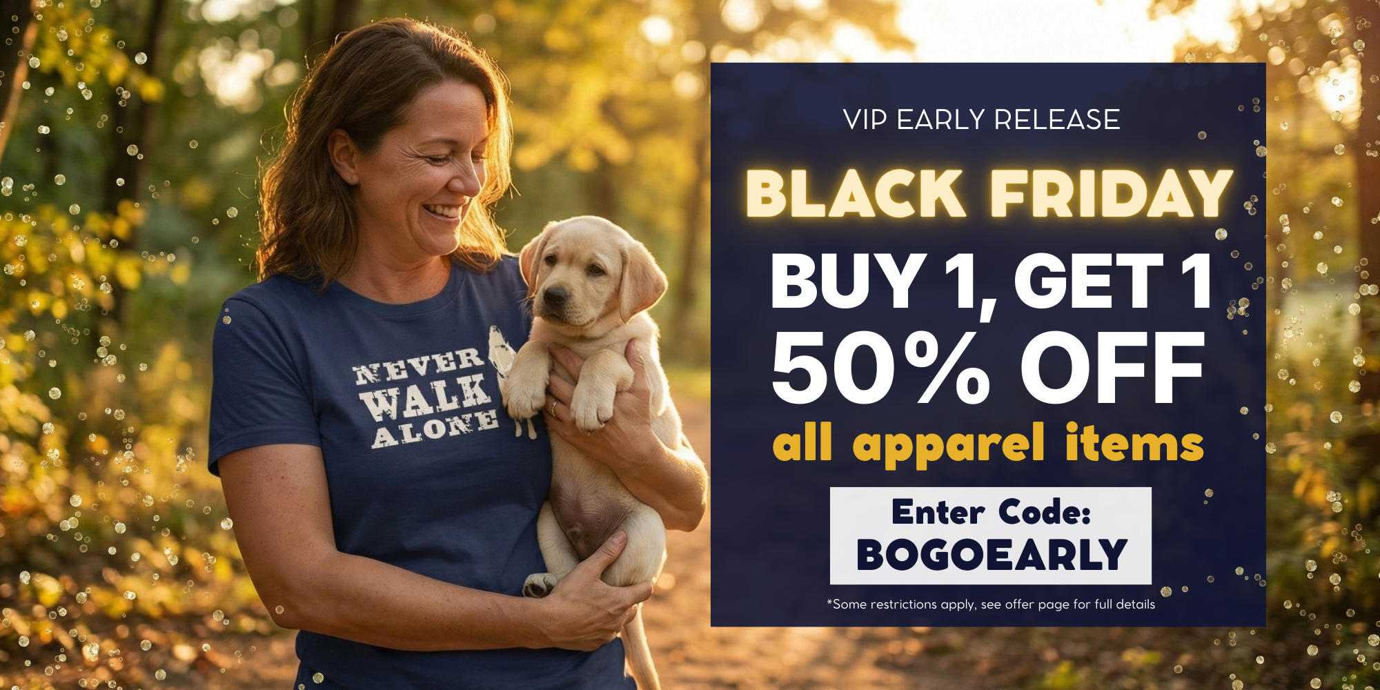 Woman holding a puppy with a Black Friday advertisement overlay