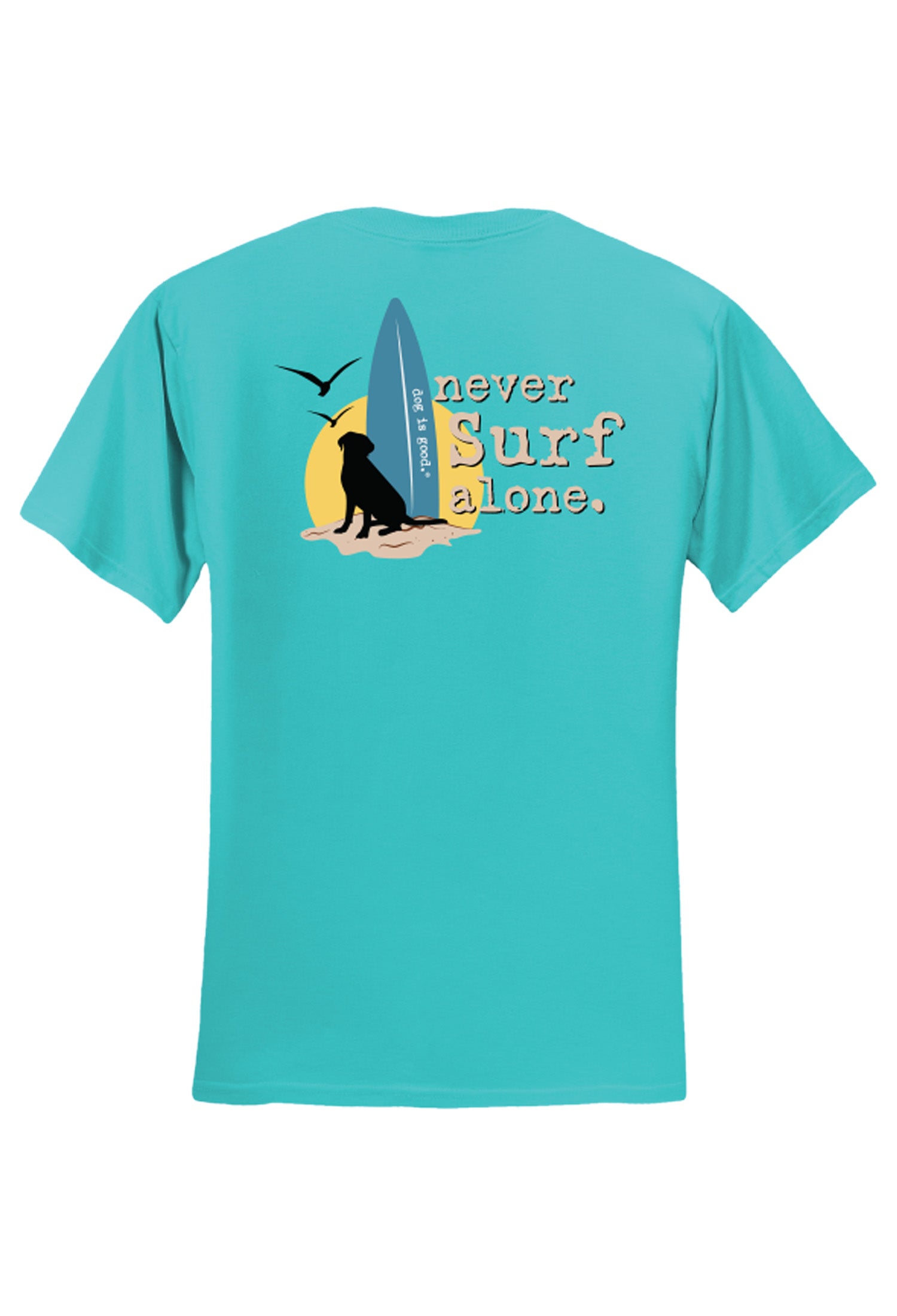 teal Tshirt with dog and surfboard