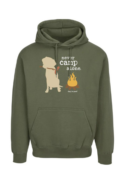 Hoodie: Never Camp Alone (Green) – Dog is Good