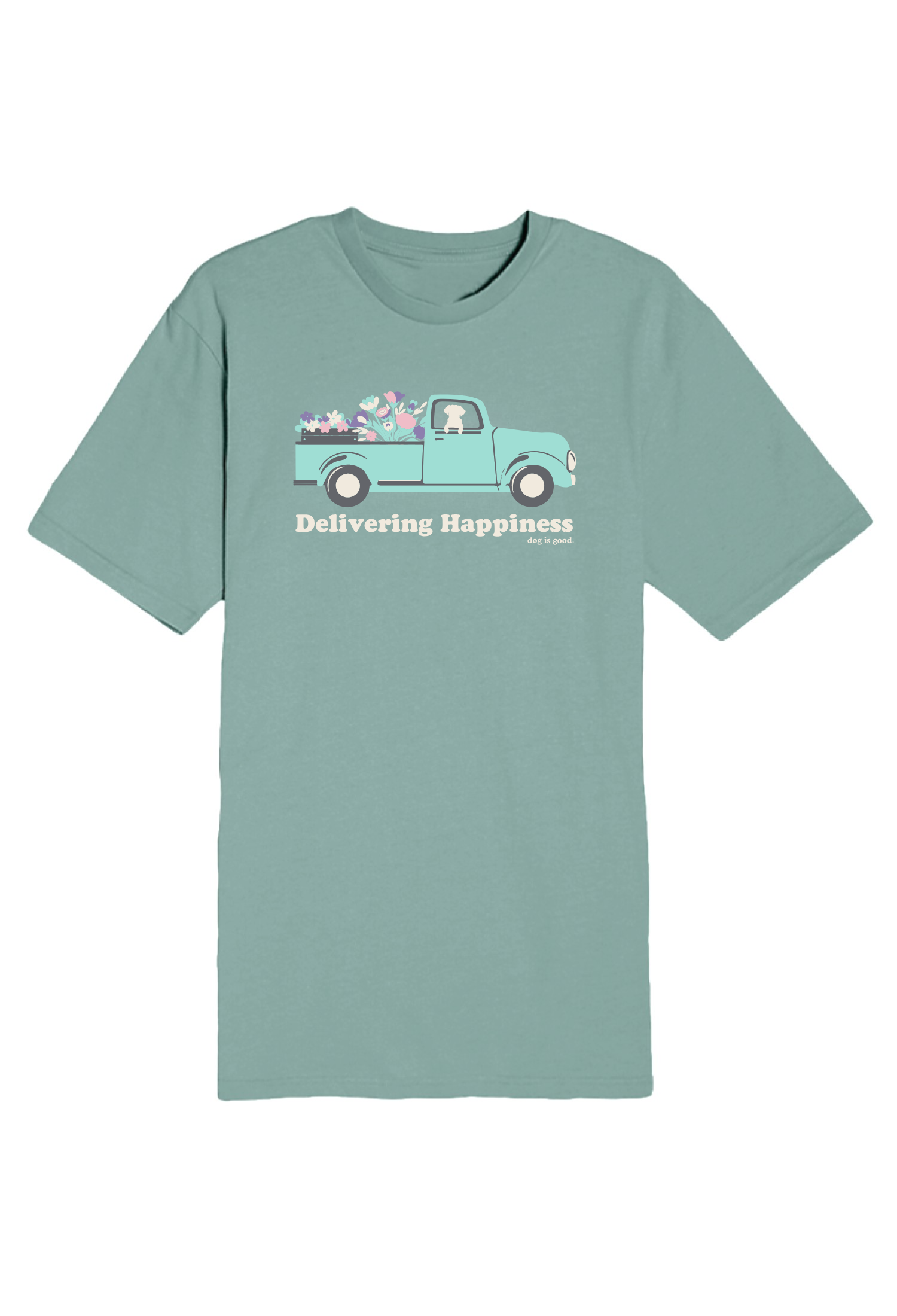 Green t-shirt with a graphic of a truck and 'Delivering Happiness' text on a white background