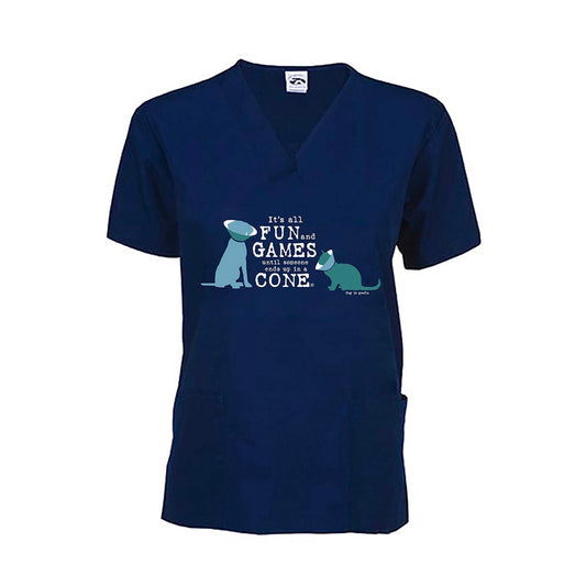 Scrub Top: It’s All Fun and Games Until Someone Ends Up in a Cone®, Cat/Dog (Navy)