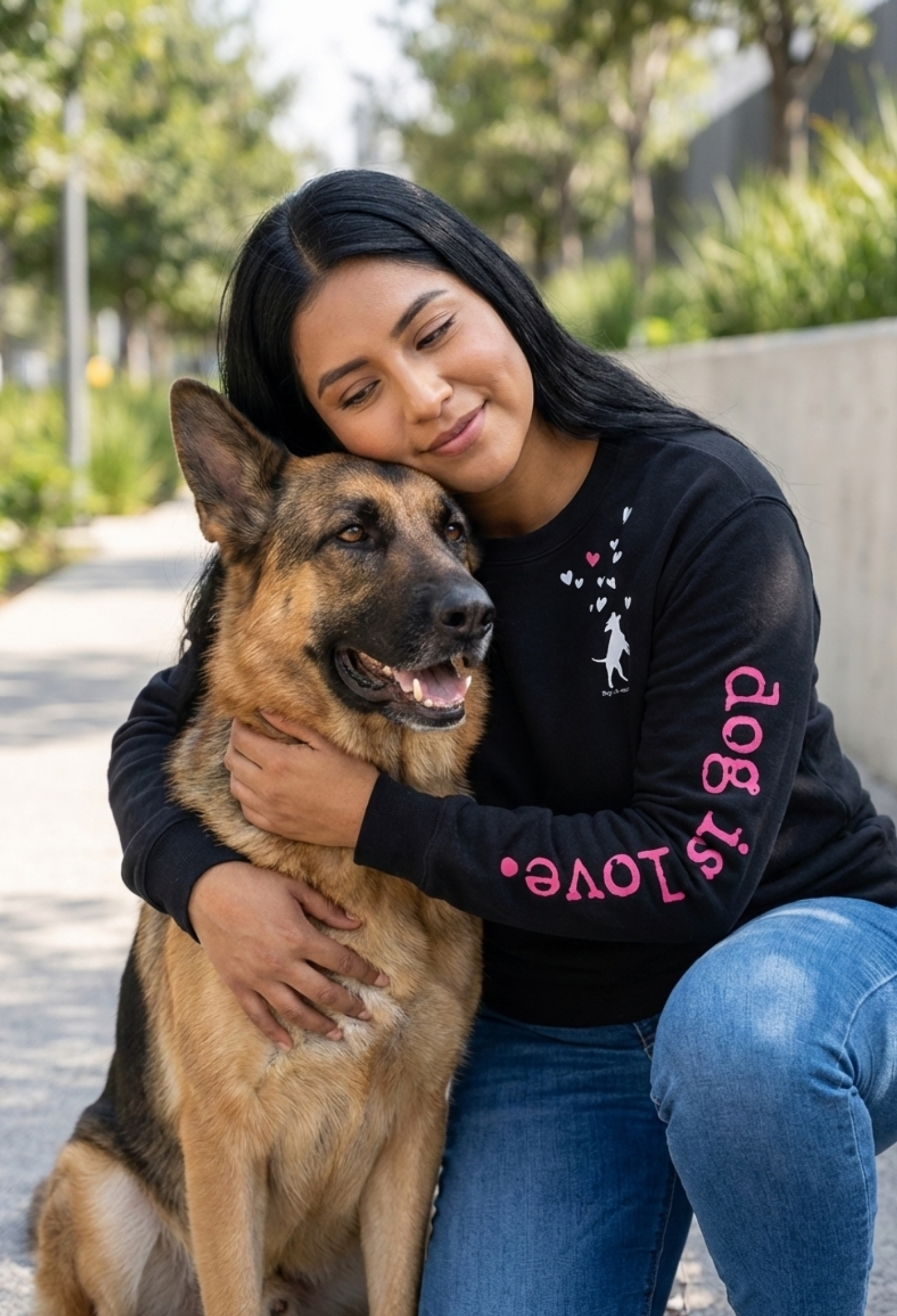 Woman wearing a black sweatshirt with 'dog is love' text, hugging a German Shepherd dog outdoors.
