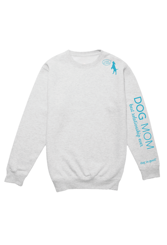Gray sweatshirt with 'Dog Mom' text and graphic on a white background