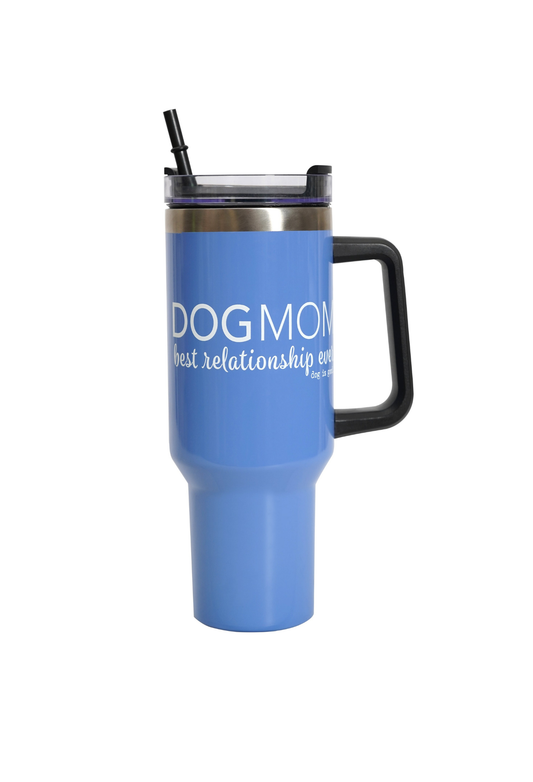 Blue travel mug with black handle and straw lid on a white background