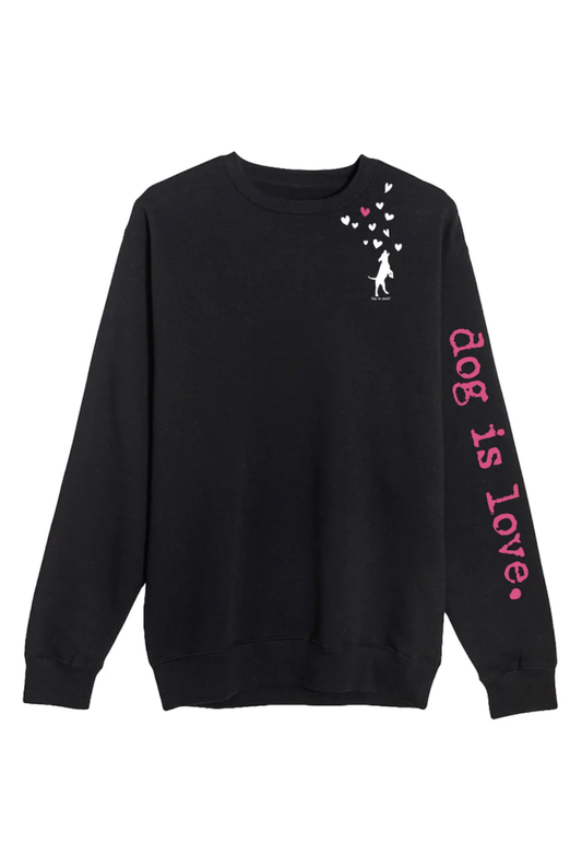 Black sweatshirt with 'dog is love' text and graphics on a white background