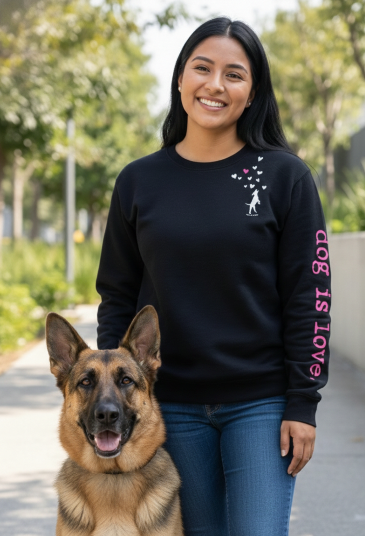 Woman wearing a black sweatshirt with a dog graphic and text, standing next to a German Shepherd dog outdoors.